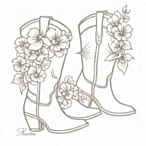 cowboy boots with violets in one boots and roses in the other boot like a bouquet tattoo design idea