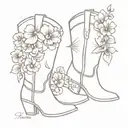 cowboy boots with violets in one boots and roses in the other boot like a bouquet tattoo design idea