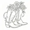 cowboy boots with violets in one boots and roses in the other boot like a bouquet tattoo design idea