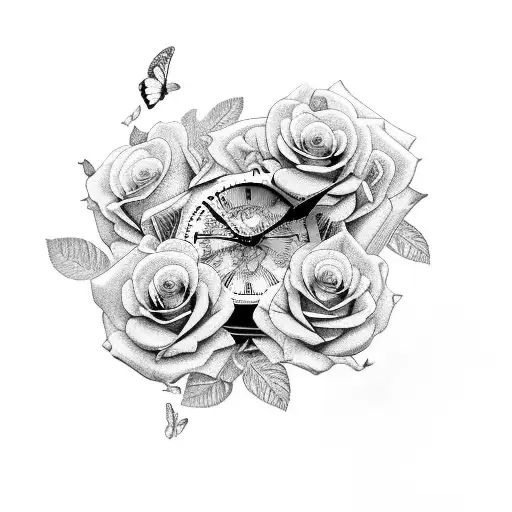 roses with butterflies and angels with clocks tattoo design idea