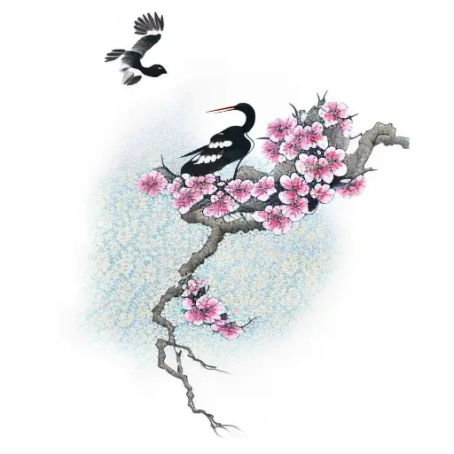 Jade Palast with Cherry Blossom around it and a  crane flying over it   tattoo design idea