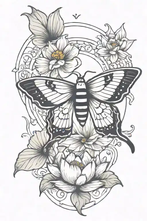 MOTH AND LOTUS FLOWER WITH CRESCENT MOON tattoo design idea
