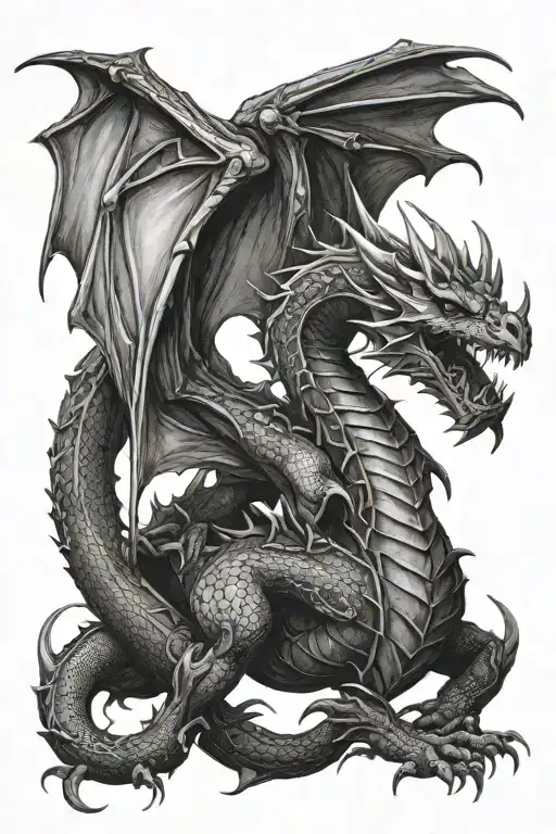 realistic black and white medieval fantasy dragon in gothic style alternative  tattoo design idea