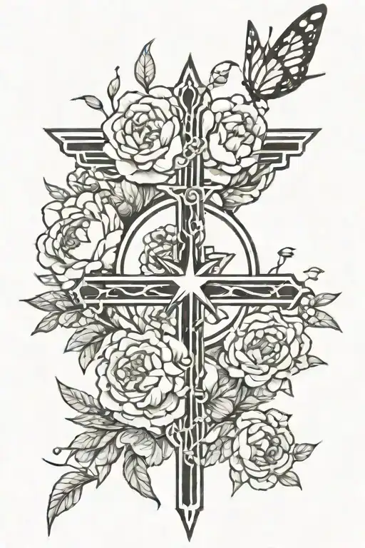 Long skinny black cross with butterfly, stars, peace sign, and peonies around it  tattoo design idea
