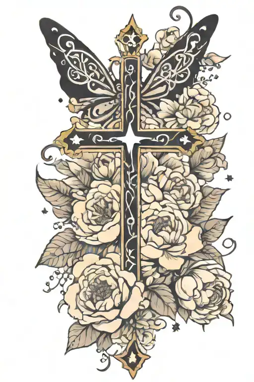 Very skinny black cross with peace sign, butterfly, stars, and peonies wrapped around it tattoo design idea