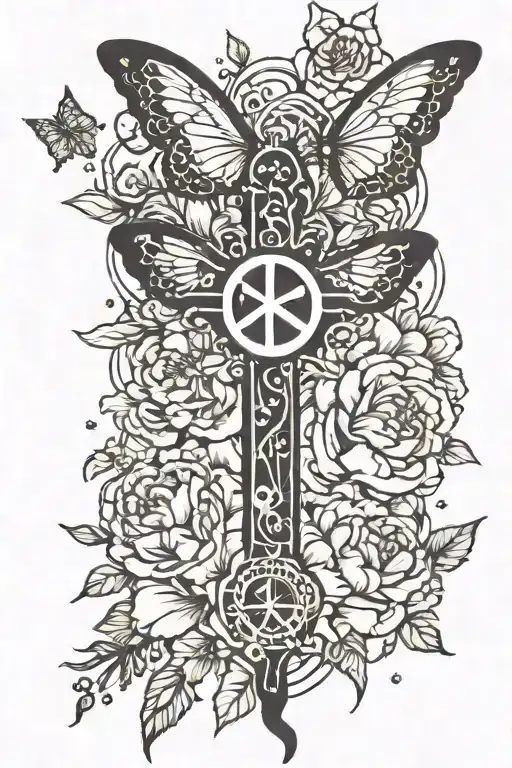 Very skinny black cross with peace sign, butterfly, many stars, and peonies wrapped around it tattoo design idea