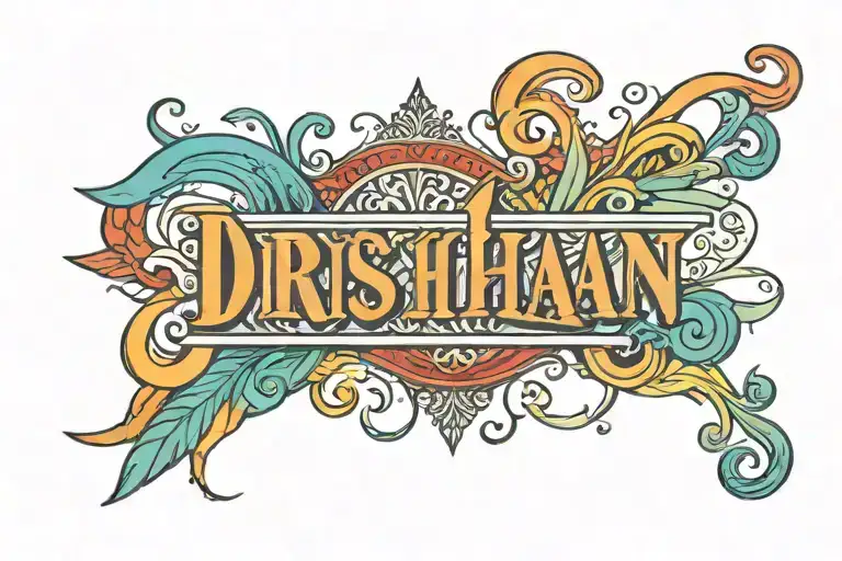 multi colour simple typography spelling 'Drishaan' tattoo design idea