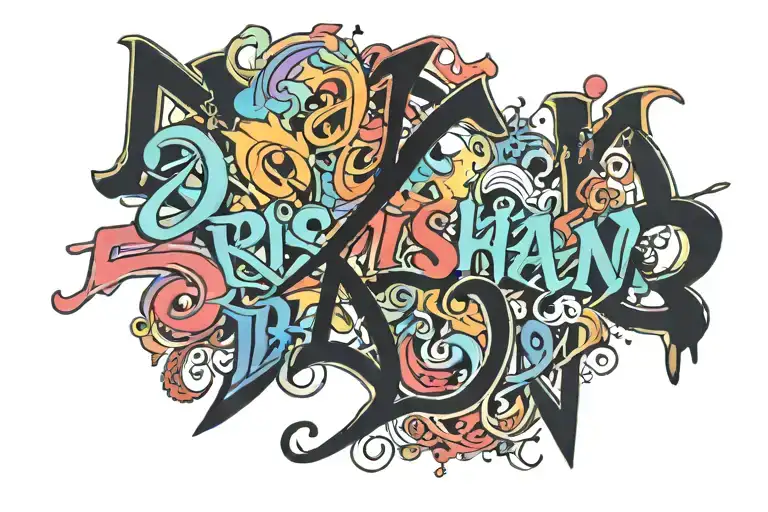 multi colour typography spelling 'Drishaan' tattoo design idea