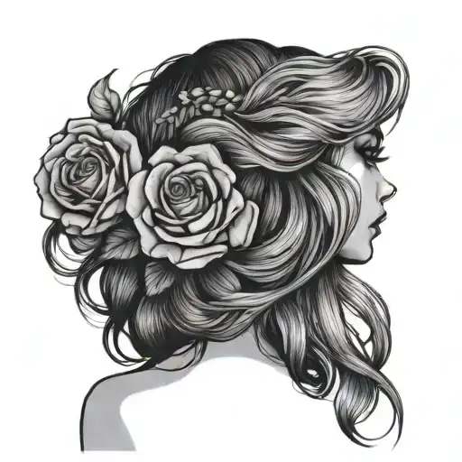 A girl from behind with beautiful loose hair, roses, sea and mountains. Big and beautiful eyes, and the signature is An. tattoo design idea