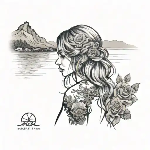 A girl from behind with beautiful loose hair, roses, sea and mountains. and the signature is An.Li and the yin Yang sign tattoo design idea