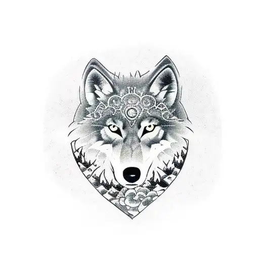 family shield with wolf and forest tattoo design idea