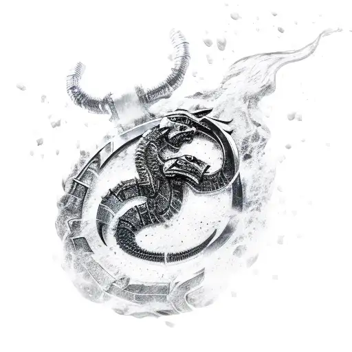 Mortal kombat scorpions chain surrounded being thrown nd the tip is covered in ice being blocked by sub zero  tattoo design idea