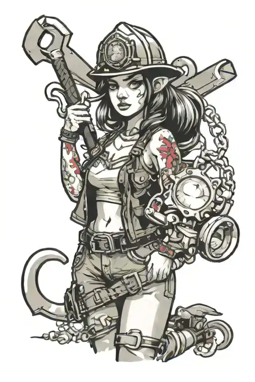 a fairy bomer girl, holding a monkey wrench, wearing a firefighter helmet tattoo design idea