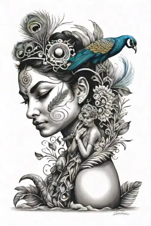 हरि ॐ   with Sakra and flute with peacock feather  tattoo design idea