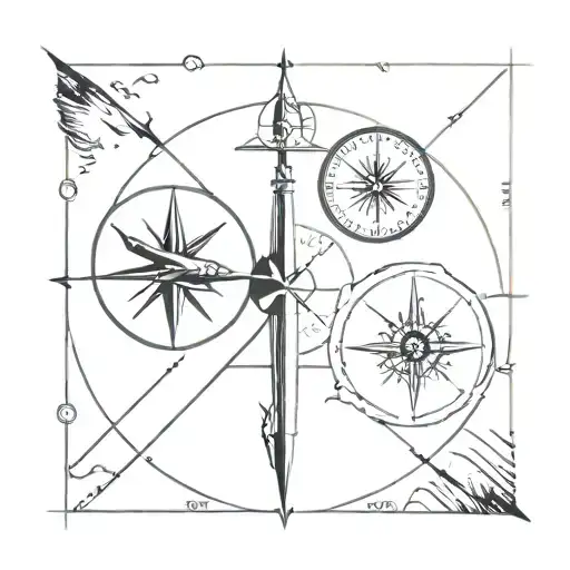 compass with more pronounced east and west and small plane with symmetrical contrail  tattoo design idea