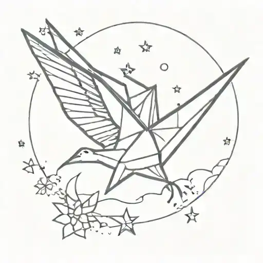 paper crane with stars around it tattoo design idea
