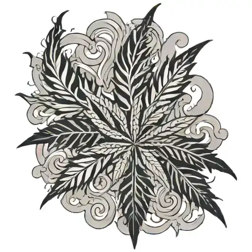 An abstract blackwork design of smoke swirling around a cannabis leaf tattoo design idea