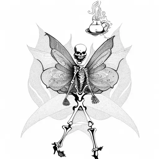Skeleton fairy drinking coffee  tattoo design idea