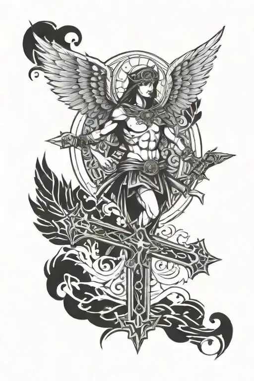 Cross & warrior with wings spread tattoo design idea