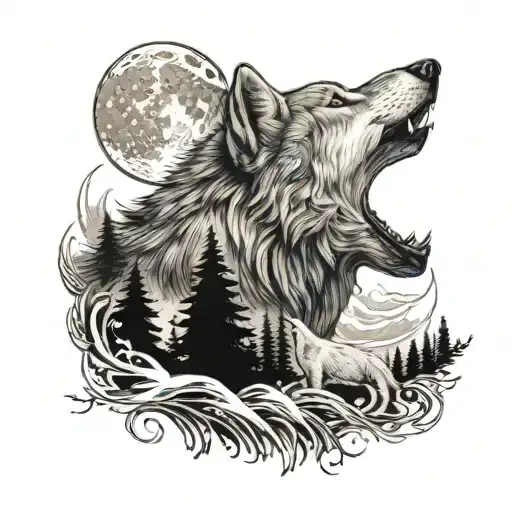 A realistic black and grey tattoo of a wolf howling at the moon, with subtle family elements integrated into the background tattoo design idea