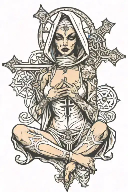 demon woman dressed as a sexy nun holding an upside down cross against her inner thigh. tattoo design idea
