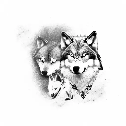 Tribal Wolf with 3 pups tattoo design idea