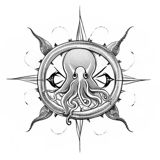 A blackwork tattoo of an octopus holding a compass in one tentacle, with palm trees and mountains forming the shape of a campfire in the background tattoo design idea