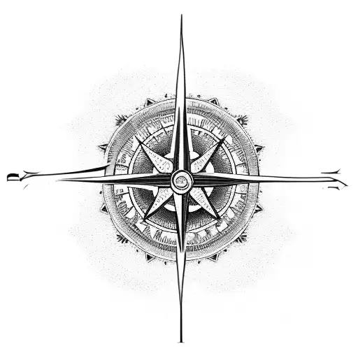 A dotwork tattoo of a compass with an octopus wrapped around it, with palm trees and mountains forming the border of the compass tattoo design idea