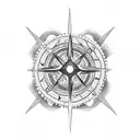 A dotwork tattoo of a compass with an octopus wrapped around it, with palm trees and mountains forming the border of the compass tattoo design idea