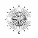 A dotwork tattoo of a compass with an octopus wrapped around it, with palm trees and mountains forming the border of the compass tattoo design idea