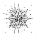 A dotwork tattoo of a compass with an octopus wrapped around it, with palm trees and mountains forming the border of the compass tattoo design idea