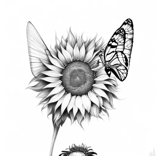 butterfly and sunflower and feather  tattoo design idea