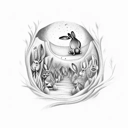Picasso garden with rabbit going down tree hole, dream, eternal life tattoo design idea