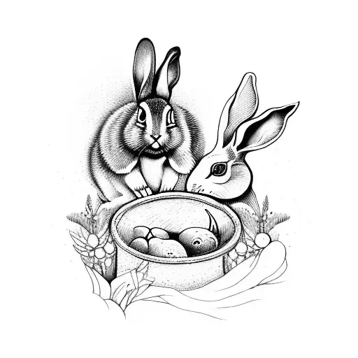 Picasso garden with rabbit going into hole, dream, eternal life tattoo design idea