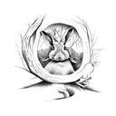Picasso garden with rabbit going down tree hole, dream, eternal life tattoo design idea