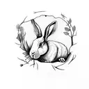 Picasso garden with rabbit going down tree hole, dream, eternal life tattoo design idea