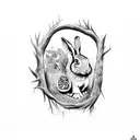 Picasso garden with rabbit going down tree hole, dream, eternal life tattoo design idea