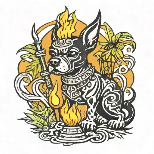 black dog with pointy ears in the flame of a lit tiki torch  tattoo design idea