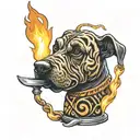Brindle Dog with pointed ears peaking through the flame of a Tiki Torch  tattoo design idea