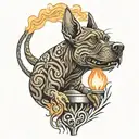 Brindle Dog with pointed ears peaking through the flame of a Tiki Torch  tattoo design idea