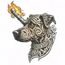 Brindle Dog with pointed ears peaking through the flame of a Tiki Torch  tattoo design idea
