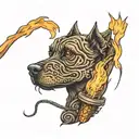 Brindle Dog with pointed ears peaking through the flame of a Tiki Torch  tattoo design idea