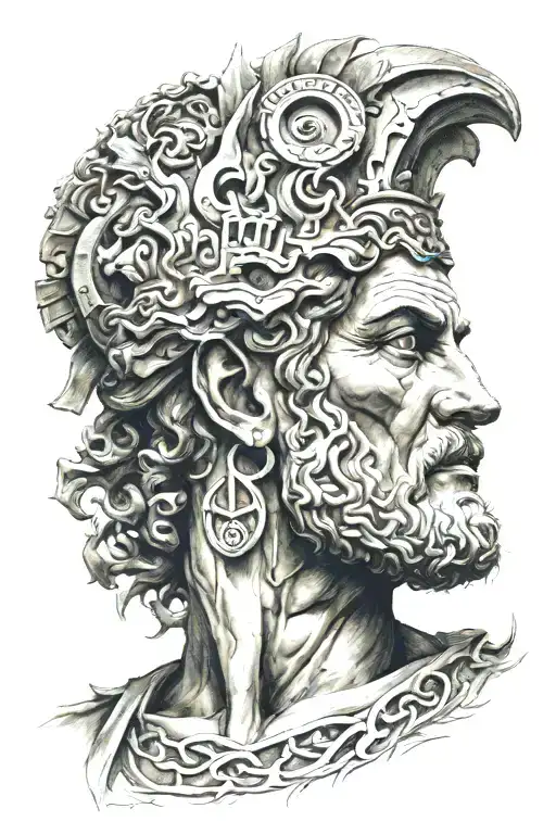 mithological greec god half sleev face surrounded tattoo design idea