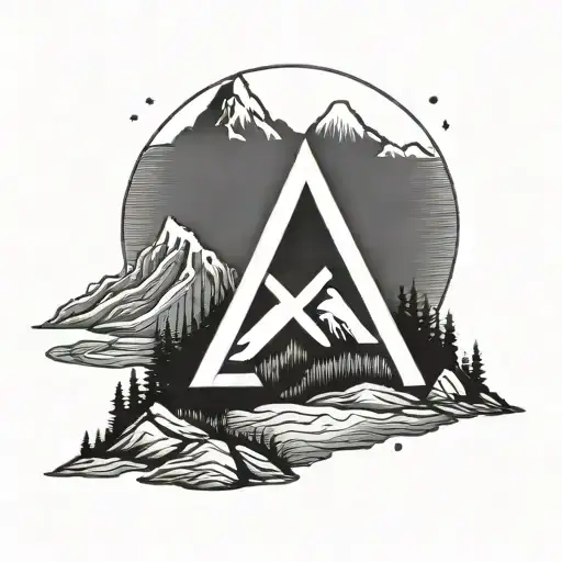 A Nordic rune symbol with a mountain landscape background tattoo design idea