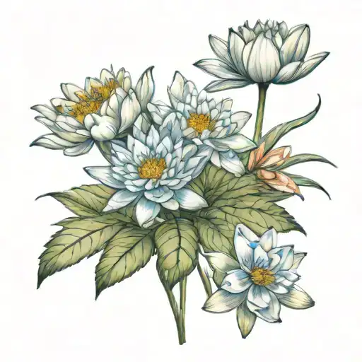 water lily larkspur cosmos marigold flowers tattoo design idea