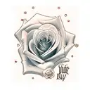 rose with cursive signatur in the middle. July 26th 1995 dat underneath. Fingerprints bearby tattoo design idea