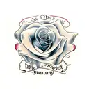 rose with cursive signatur in the middle. July 26th 1995 dat underneath. Fingerprints bearby tattoo design idea
