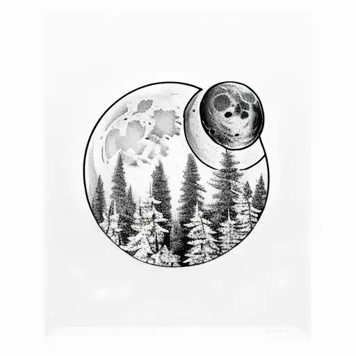 black and white forest. dark male figure looking at moon holding a wand by his side tattoo design idea