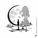 forest with dark himan figure looking at moon holding a wand by his side tattoo design idea