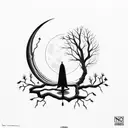 forest with dark himan figure looking at moon holding a wand by his side tattoo design idea